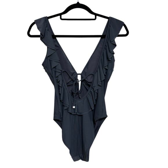 Michael Michael Kors Ruffled Scoop-Back One-Piece Swimsuit in Dark Gray - Size 6 - Picture 2 of 7